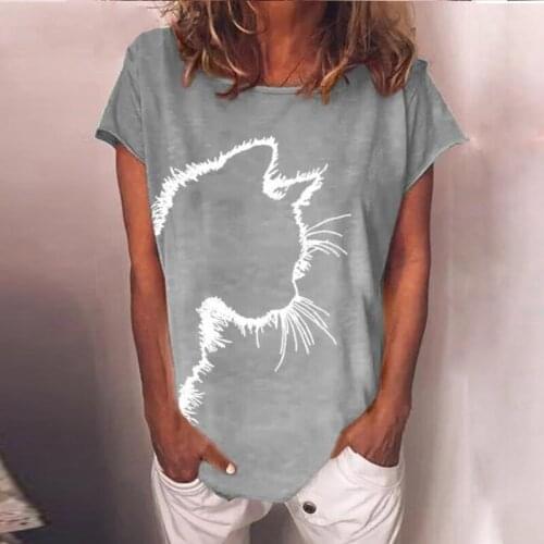 Summer Women T-Shirt Short Sleeve Cat Print O-Neck Pullover Ladies Casual Loose Tee Shirt Retro Basic Tshirt Top Clothing Women