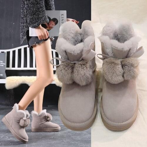 2021 Snow Boots Womens Genuine Leather Ankle Fox Hair Ball Cotton Shoes Wool Warm Snow Cotton Cowhide Boots