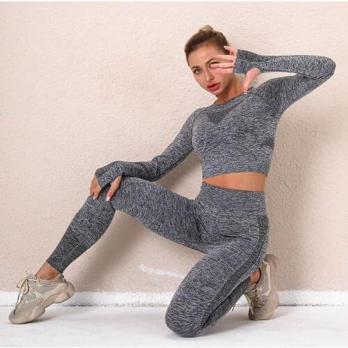 2 Pcs Yoga Suit Sets Women Hollow out Long Sleeve Seamless Leggings Gym Fitness Clothes Push Up Training Pants Running Tracksuit
