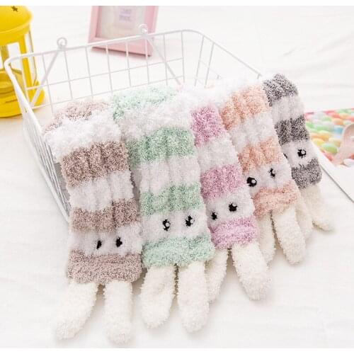Ladies winter coral fleece home bunny ears floor socks cartoon three-dimensional snow women socks striped thick stockings
