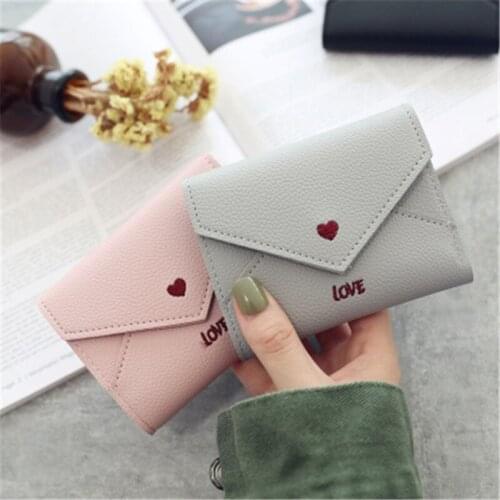 Women wallet love heart-shaped embroidered line letters lychee pattern simple fashion 30% small wallet 2019 new womens wallet