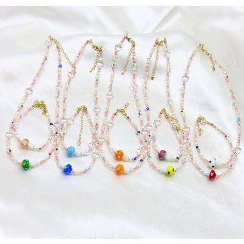 3 Set Colorful Jewelry Bead Necklace Jewelry Set Mushroom necklace and bracelets for women MIx color jewelry Set 9955