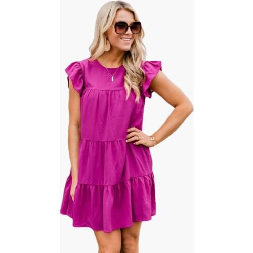 2021 Summer Womens Dress Ruffle Short Sleeve A-line Hem Loose Casual Dress Holiday Beach Sun Skirt Solid Robe Mini Cake Skirt