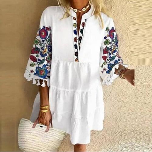 Plus Size 5XL Floral Print Boho Dress Women Tassle Sleeved White Mini A-Lline Dress 2021 Spring New Sweet Bohemian Loose Dresses
