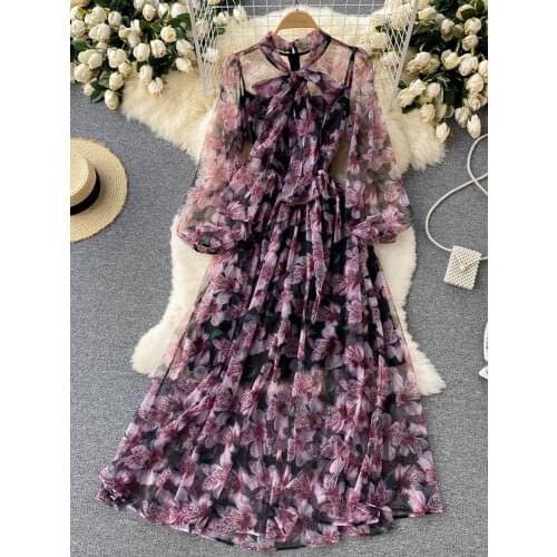 2021 Autumn New Fashion Temperament Vestidos Female Round Neck Puff Sleeve Light Chiffon Holiday Midi Dress DK1060
