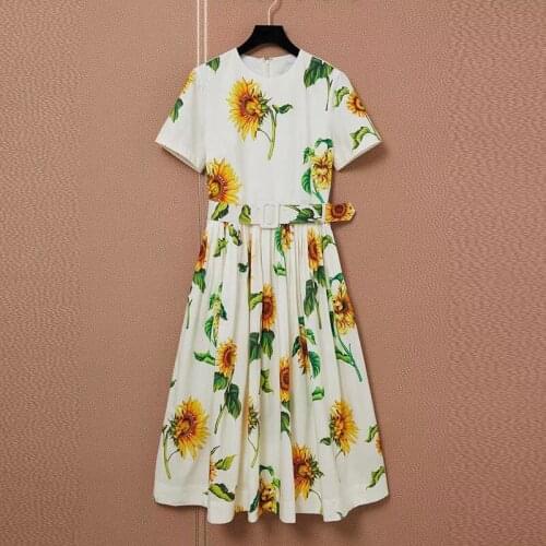 Summer 2021 Fashion womens floral print Short sleeves Belt Vintage dress B544