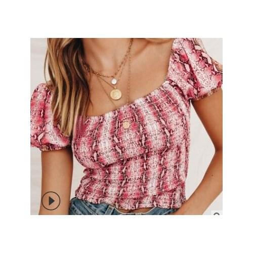 2021 Women Smocked Crop Top Adults Summer Off-the-shoulder Snakeskin Print Puff Sleeve Square Collar Pullover