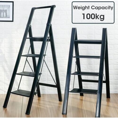4 Steps Ladder with Handrail Folding Aluminum Ladder Four Feet Wide Pedal Ladder Worker Tools Outdoor Roof Ceiling 100kg Black