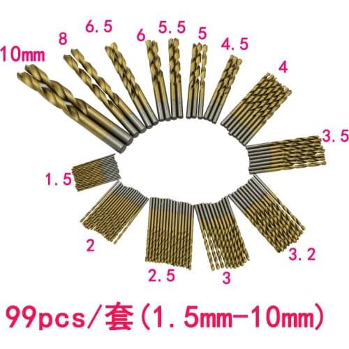 99pcs/set Professional Titanium Twist Drill Bits Set Quick Change High Speed Steel Round Shank 1.5mm-10mm