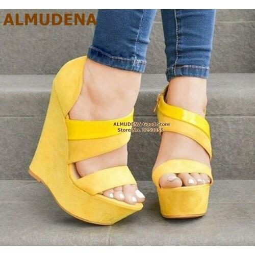ALMUDENA Sky High Wedges Gladiator Sandals Open Toe Strap Patchwork Platform Dress Shoes Wedge Heel Zipped Women Pumps Size47