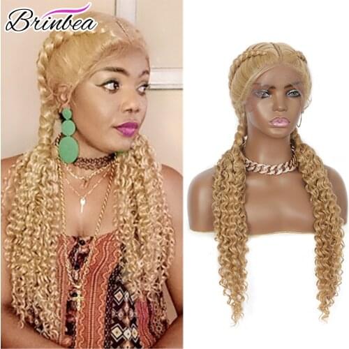 Brinbea 28"100% Hand Swiss Synthetic Lace Front Dutch Twins Braid Wig with Baby Hair Middle Parted Bohemian Curly Ends Braid Wig