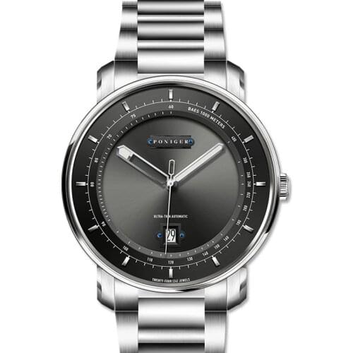 PONIGER Men Business 50M Waterproof Fashion Dress Steel Band Automatic Self-wind Mechanical Wrist Watches