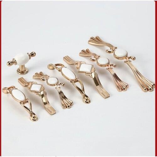 European Simple Gold and White Ceramic Handle Wardrobe Cupboard Cabinet Door Drawer Pulls and Knobs Furniture Handles Hardware