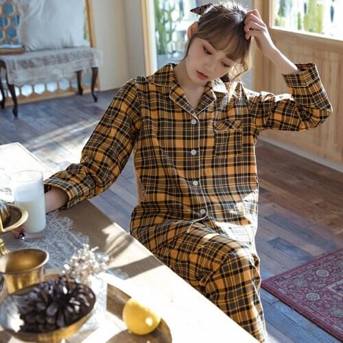 Cotton Pajamas Set For Women Spring New Plaid Sleepwear 2 Piece Shirt&Pants Soft Nightwear Casual Lounge Wear Intimate Lingerie