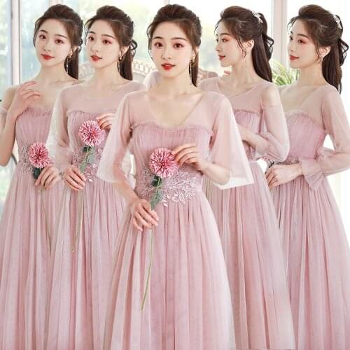 H17 Promotion 1111 Long Bridesmaid Dresses Women Guest Half Sleeve Champagne Grey Pink Wedding Gown Vestido Sweet Memory