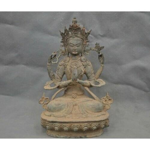 China Old Tibetan Buddhism Four arms Guanyin Buddha Old Bronze Statue