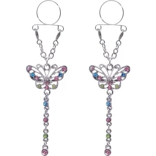 Animal butterfly Non pierced Clip On Nipple Ring Nipple shield with tassel Crystal Fake Nipple Dangle Adjustable Body Jewelry