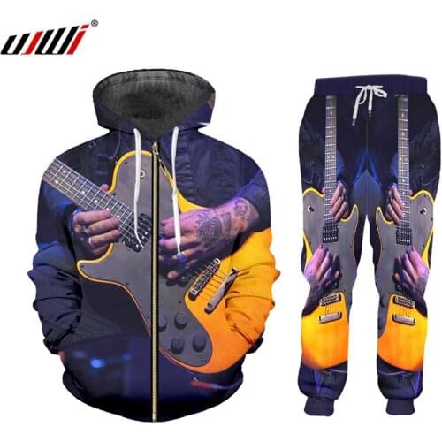 UJWI Mens Sweatpants Suits 2 Pieces Hoodies Pants 3D Print Rock Guitar Casual Fitness Harajuku Tracksuit Summer Autumn Clothing