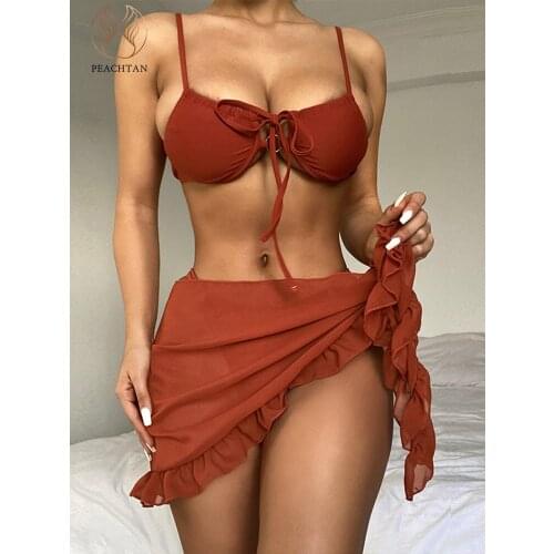 Peachtan String bikini 2021 Skirt swimsuit women Push up swimwear female Underwired 3 pieces set Sexy bathing suit beach wear