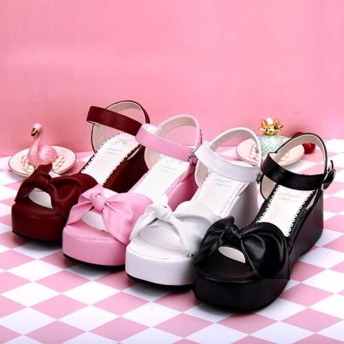Angelic imprint Lovely lolita Bowknot Princess Girls Summer Sandals Ankle Strap Sweet Lolita Wedge Shoes size 35-46 8467