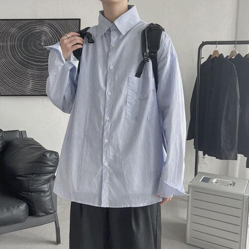 Long Sleeve Shirts For Men Loose Casual Coats Classic Stripe Bottoming Shirt Top Male Clothes Mid-length Thin Spring Autumn