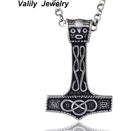 Mens Gothic Punk Black Knot Thor Hammer Pendant Necklace,Stainless Steel Necklace Jewelry for Men, 23" Chain