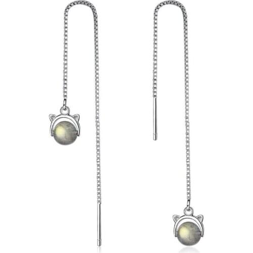 New Cute Animal Long Section Fashion 925 Sterling Silver Jewelry Ear Line Personality Cat Ear Crystal Dangle Earrings SE507