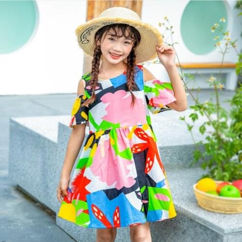 Teen girls clothes summer new girl off shoulder floral princess dress children flower print cotton party frocks kids sundress