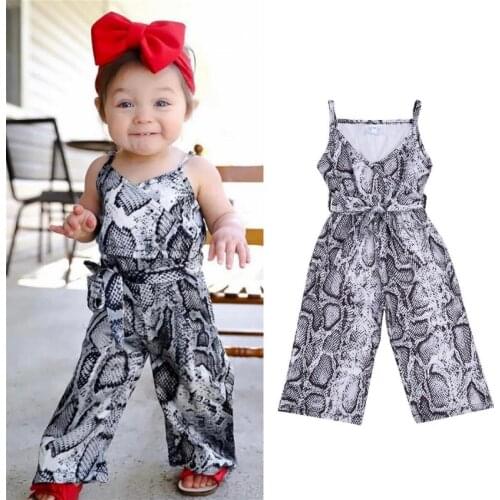 1-6Y Fashion Kids Girls Overalls Rompers Snakeskin Print Sleeveless Belt V Neck Jumpsuits Summer Outfits