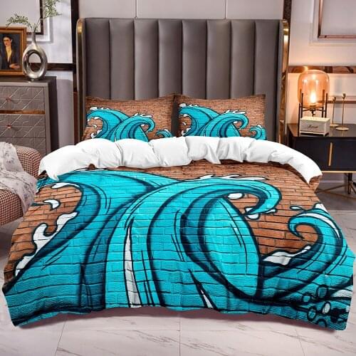 Waves Graffiti Print Duvet Cover with Microfiber Soft Teens Bedding Comforter Cover Sets Zipper Closure Corner Ties