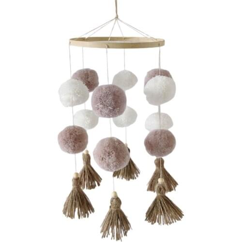Q9QB Baby Crib Wooden Mobile Colorful Pom Pom Plush Ball Tassel Hanging Wind Chime