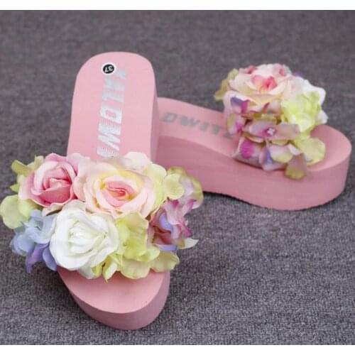 Naini New Handmade Flower Sandals Sponge Cake Slanted Heel Flip-flops Beach Slanted Heel Sandals