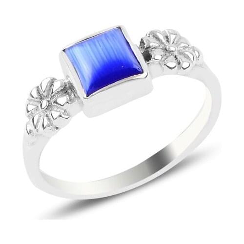 Silver 925 Set Navy Blue Cat 'S Eye Daisy Pattern Engagement Ring