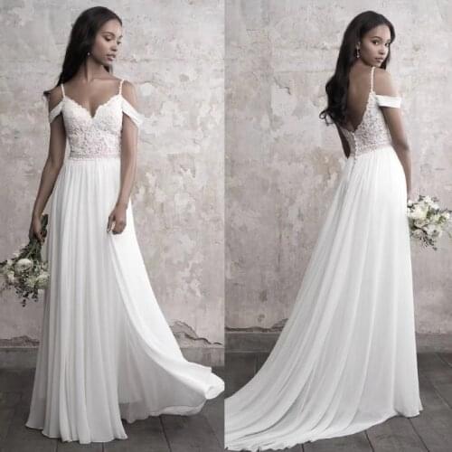 Spaghetti Strap Chiffon A Line Appliques Lace Wedding Dresses Sexy V Neck Backless Boho Wedding Dress Vestido de Noiva