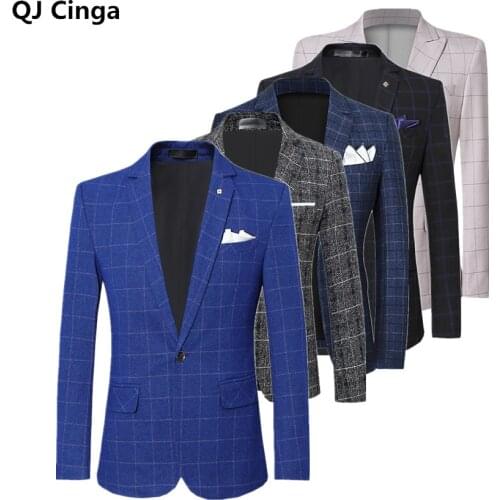 Blue Plaid Blazer Coat Men, Fashion Business Casual Men Suit Jacket Plus Size S-5XLWedding Party Male Gown Top Coats