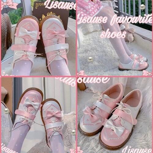 Harujuku Kawaii Girl Sweet Lolita Shoes Vintage Round Head Party Women Dress Shoes Cute Bowknot Patchwork Kawaii Shoes Loli Cos