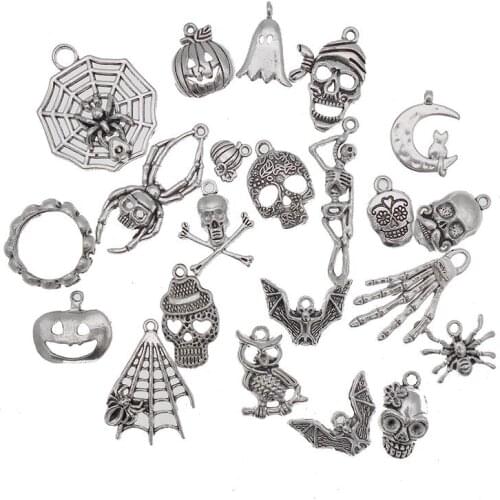 Julie Wang 20PCS Halloween Charms Mix Alloy Ghost Pumpkin Bat Spider Cobweb Cat Skull Skeleton Pendant Jewelry Making Accessory
