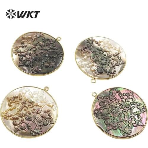 WT-JP190 Vintage carved flower round pendant shell pendant with gold trim pendant woman popular jewelry wholesale price