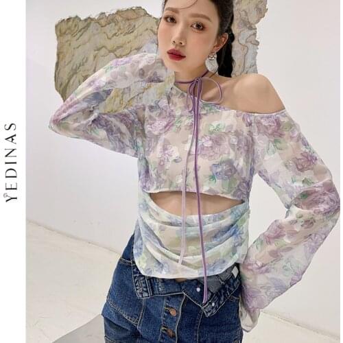 Yedinas Korean Style Floral Print Mesh Top See Through Women Patchwork Hollow Out Frenulum Design Long Sleeve T Shirt Japanese