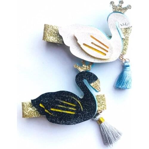 10pcs/lot White and Black Glitter Swan Hair Clips with Tassel Cartoon Animal Goose Hairpin with Gold Barrette and Sparkly Crown