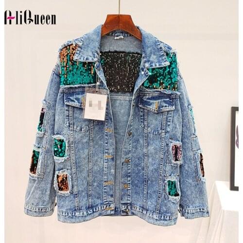 2020 Autumn Harajuku Women Patchwork Sequins Casual Denim Jackets Loose Vintage Long Sleeve Holes Jeans Jacket Coats Streetwear