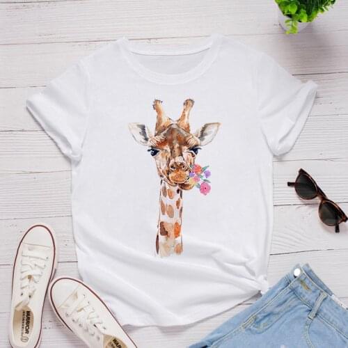 New Design Womens Summer Polyester Short Sleeve Sika Deer Floral Pattern Casual Ladies Fitted Casual Dress TShirt
