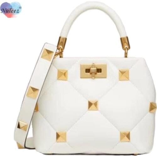 Rivet Handle Bag Women Cowhide Leather Latest 2021 Brand Designed Wide Strap and Golden Chain Luxury Gift Fashion Cross-Body Bag