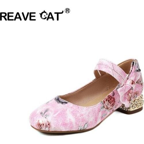 REAVE CAT 2021 PU Leather Women High Heel Shoes Comfortable Square Heel Round Toe Women Pumps Sweet Butterfly Knot Womens Shoes