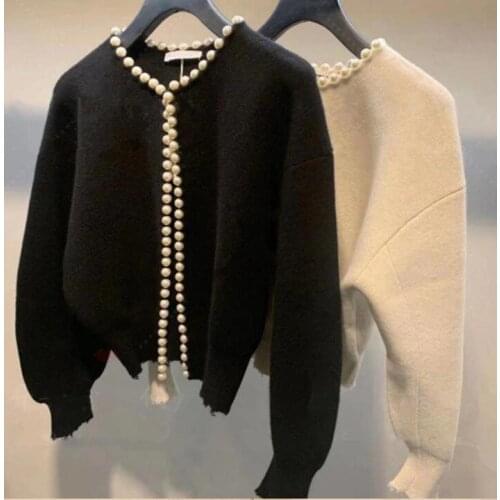 2021 New Fashion Korean Jackets Pearls Cardigan Batwing Sleeve Wool Knit Vintage Womens Coat High Quality Jacket