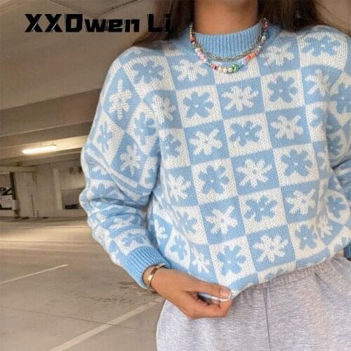 Autumn Fashion Floral Knit Sweater Women 2021 Winter New Casual Loose O-neck Long Sleeve Jumpers Plaid Warm Soft Blue Pullover