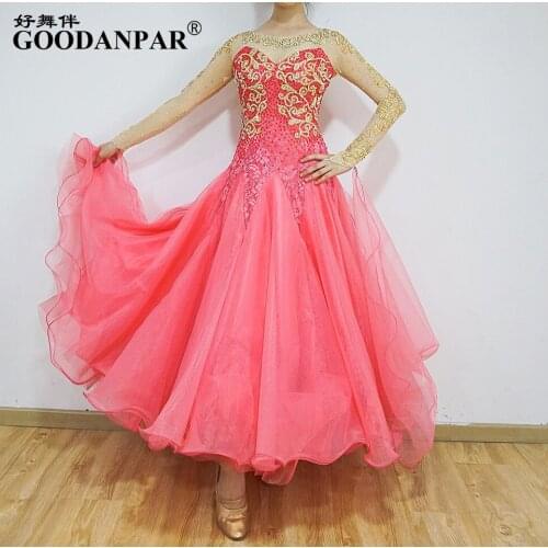 Women ballroom dance competition dresses water-melon red color Long Sleeved waltz dress tango dancing wear tango salsa samba