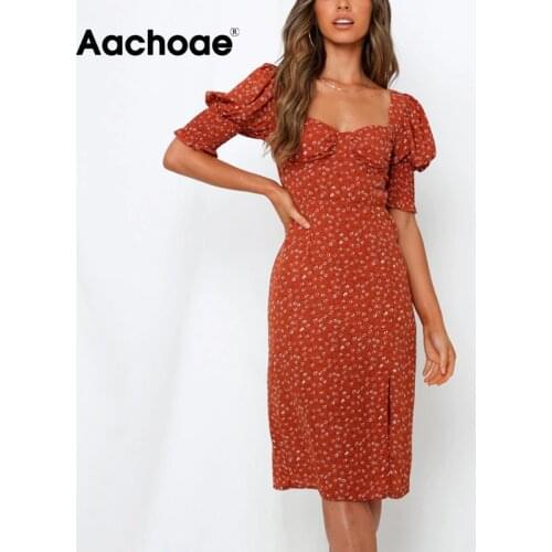 Aachoae Fashion Floral Printed Knee Length Party Dress Women Puff Half Sleeve Elegant Dresses Split Backless Holiday Midi Dress