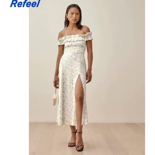 White Off Shoulder Midi Dress Women High Waist Vintage Summer Dress Split Ruffles Dresses Party Wear French Style
