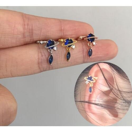 1 PCS Cute Small Star Moon Blue Zircon Ear Bone Cuff Earring Gold Color Stone Crystal Steel No Piercing Ball Earring Ear Jewelry